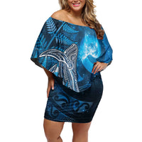 New Zealand Matariki Family Matching Off Shoulder Short Dress and Hawaiian Shirt Maori Koru With Humpback Whale Blue