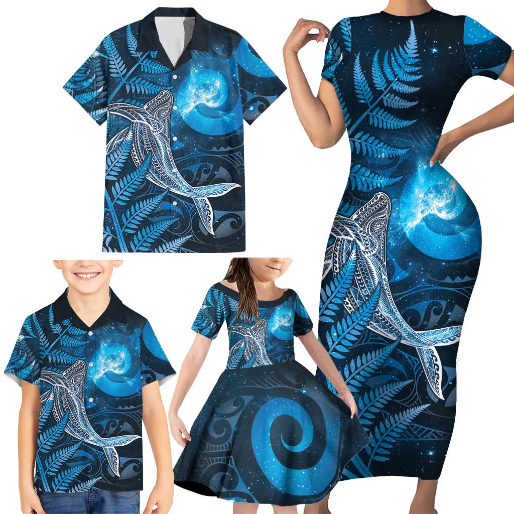 New Zealand Matariki Family Matching Short Sleeve Bodycon Dress and Hawaiian Shirt Maori Koru With Humpback Whale Blue