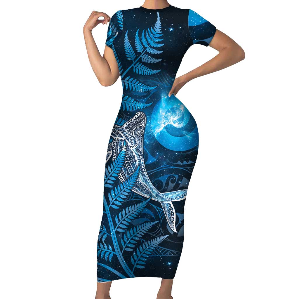 New Zealand Matariki Family Matching Short Sleeve Bodycon Dress and Hawaiian Shirt Maori Koru With Humpback Whale Blue