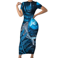 New Zealand Matariki Family Matching Short Sleeve Bodycon Dress and Hawaiian Shirt Maori Koru With Humpback Whale Blue