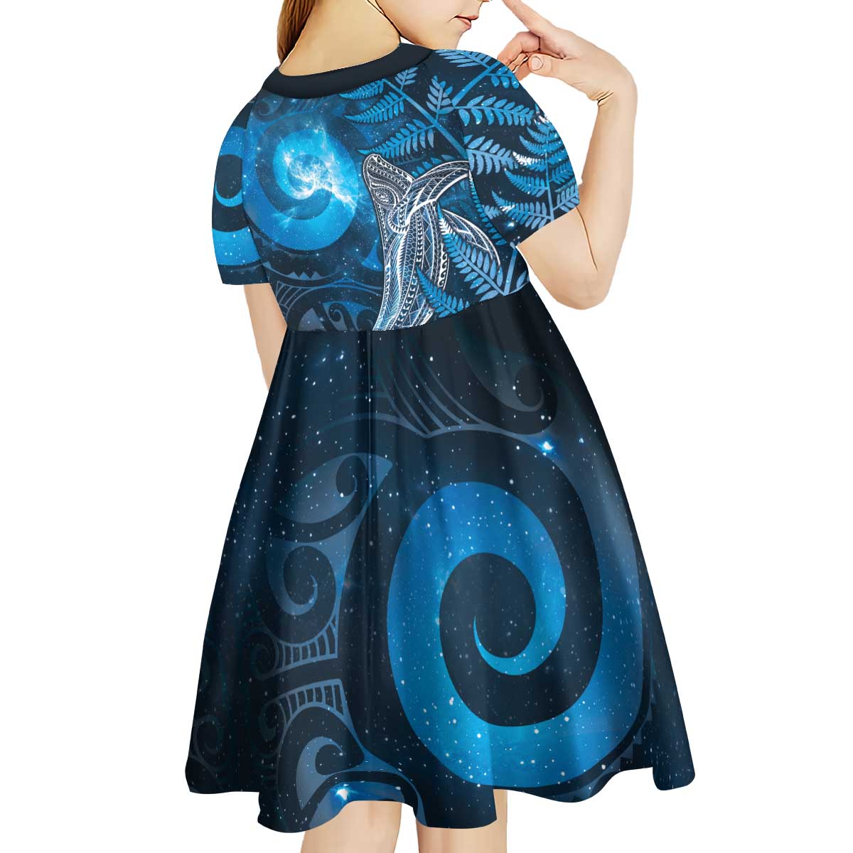 New Zealand Matariki Kid Short Sleeve Dress Maori Koru With Humpback Whale Blue