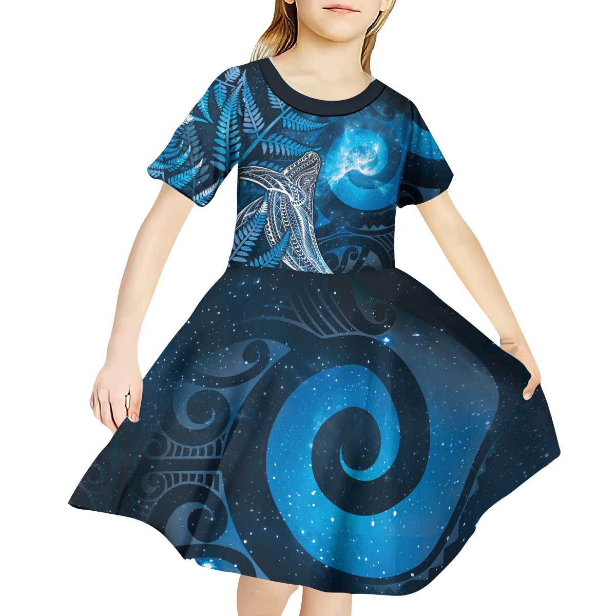 New Zealand Matariki Kid Short Sleeve Dress Maori Koru With Humpback Whale Blue