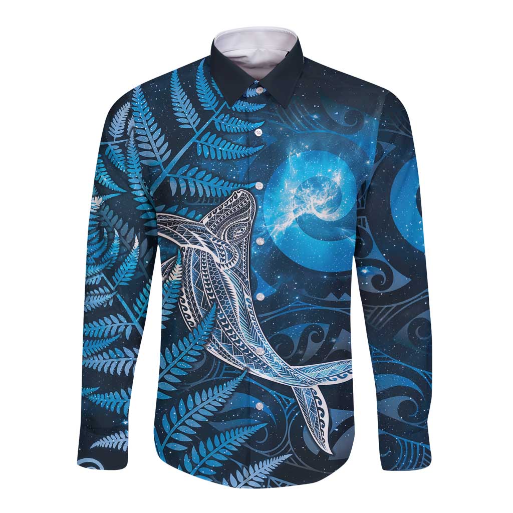 New Zealand Matariki Long Sleeve Button Shirt Maori Koru With Humpback Whale Blue