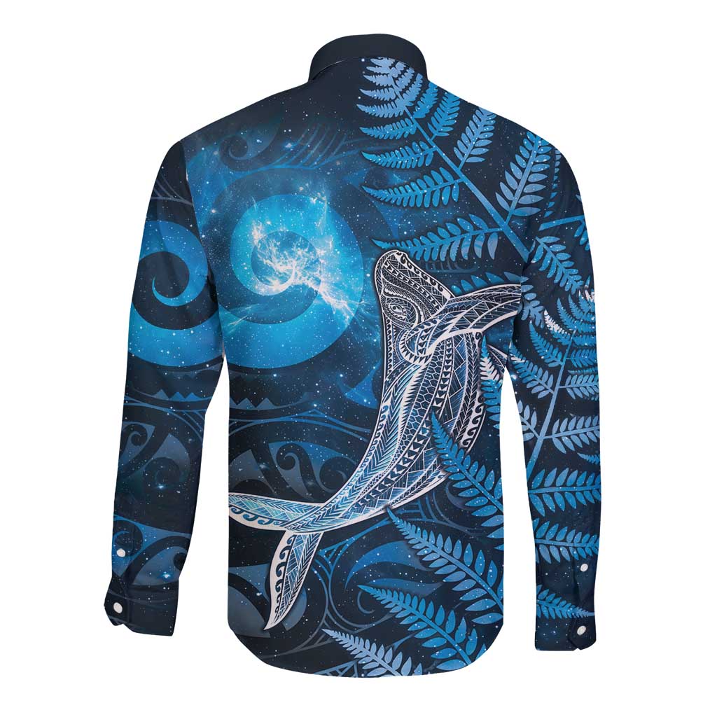 New Zealand Matariki Long Sleeve Button Shirt Maori Koru With Humpback Whale Blue