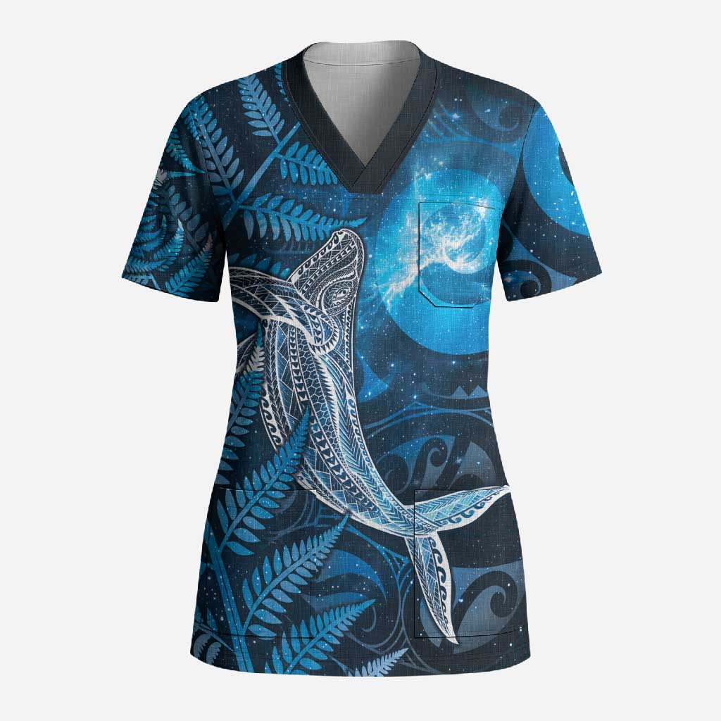 New Zealand Matariki Scrub Top Maori Koru With Humpback Whale Blue