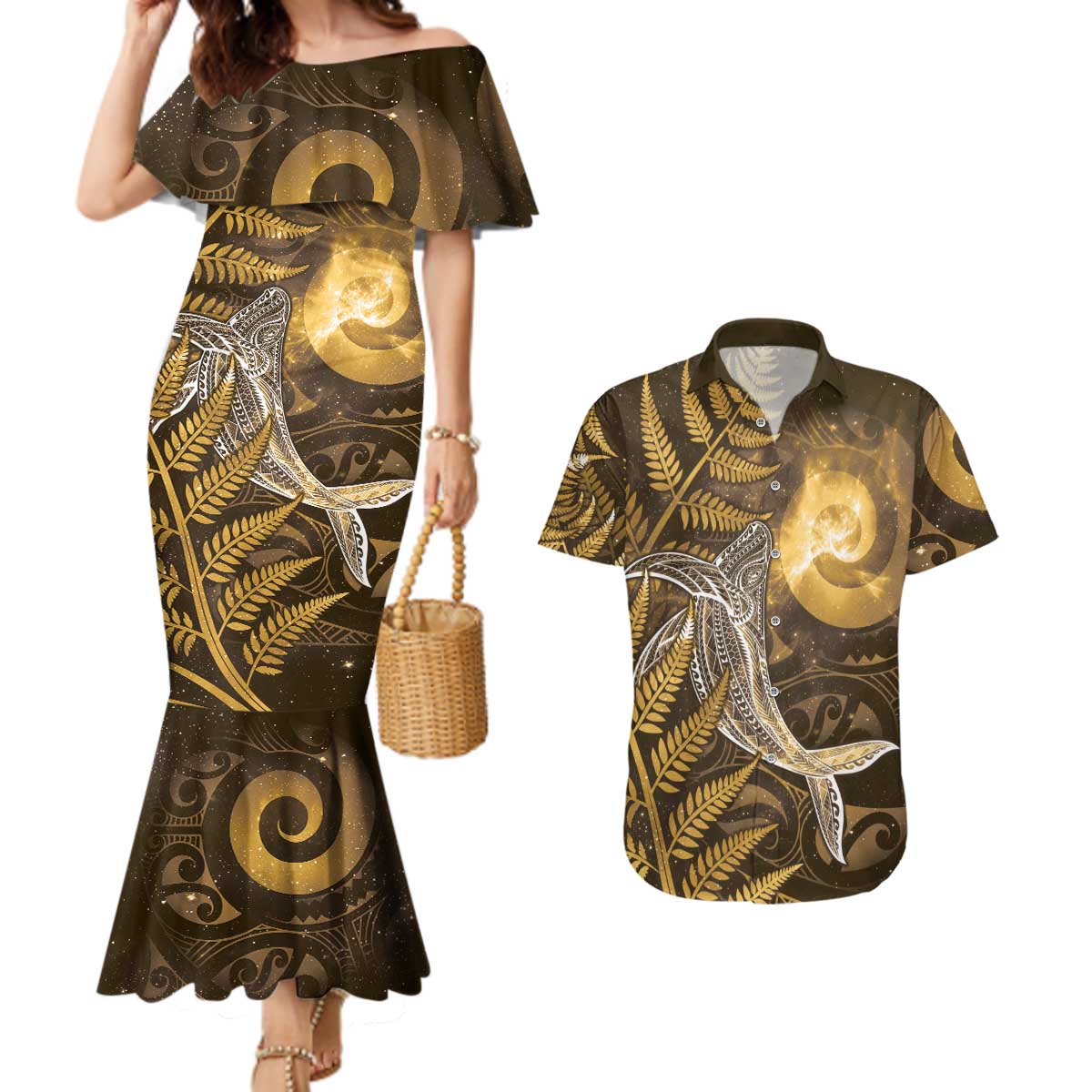 New Zealand Matariki Couples Matching Mermaid Dress and Hawaiian Shirt Maori Koru With Humpback Whale Gold