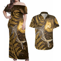 New Zealand Matariki Couples Matching Off Shoulder Maxi Dress and Hawaiian Shirt Maori Koru With Humpback Whale Gold