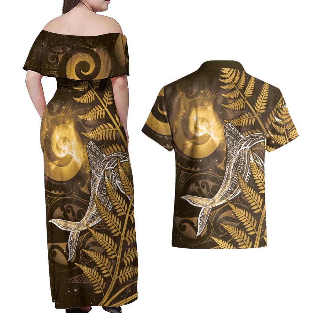 New Zealand Matariki Couples Matching Off Shoulder Maxi Dress and Hawaiian Shirt Maori Koru With Humpback Whale Gold