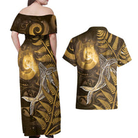 New Zealand Matariki Couples Matching Off Shoulder Maxi Dress and Hawaiian Shirt Maori Koru With Humpback Whale Gold