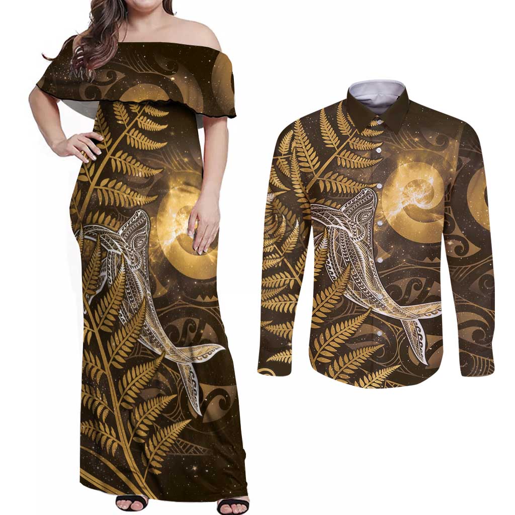 New Zealand Matariki Couples Matching Off Shoulder Maxi Dress and Long Sleeve Button Shirt Maori Koru With Humpback Whale Gold