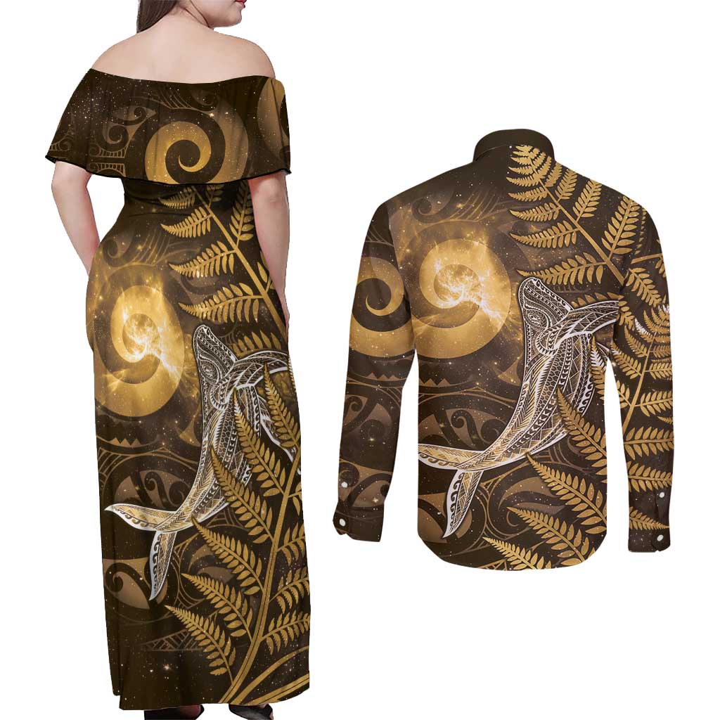 New Zealand Matariki Couples Matching Off Shoulder Maxi Dress and Long Sleeve Button Shirt Maori Koru With Humpback Whale Gold