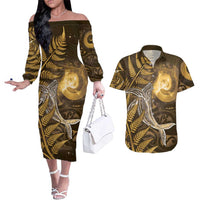 New Zealand Matariki Couples Matching Off The Shoulder Long Sleeve Dress and Hawaiian Shirt Maori Koru With Humpback Whale Gold LT05 Gold - Polynesian Pride