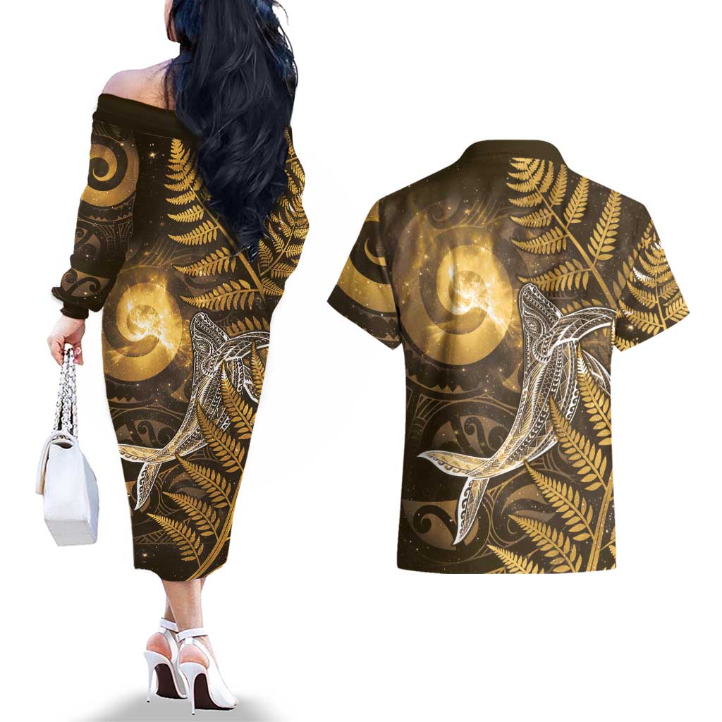 New Zealand Matariki Couples Matching Off The Shoulder Long Sleeve Dress and Hawaiian Shirt Maori Koru With Humpback Whale Gold LT05 - Polynesian Pride
