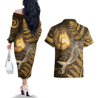 New Zealand Matariki Couples Matching Off The Shoulder Long Sleeve Dress and Hawaiian Shirt Maori Koru With Humpback Whale Gold LT05 - Polynesian Pride