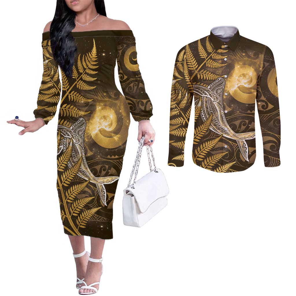 New Zealand Matariki Couples Matching Off The Shoulder Long Sleeve Dress and Long Sleeve Button Shirt Maori Koru With Humpback Whale Gold