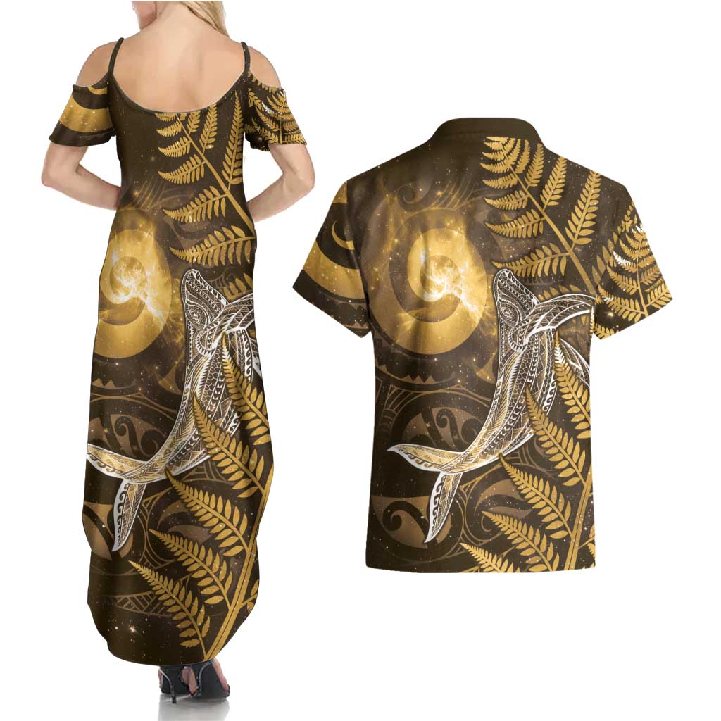 New Zealand Matariki Couples Matching Summer Maxi Dress and Hawaiian Shirt Maori Koru With Humpback Whale Gold