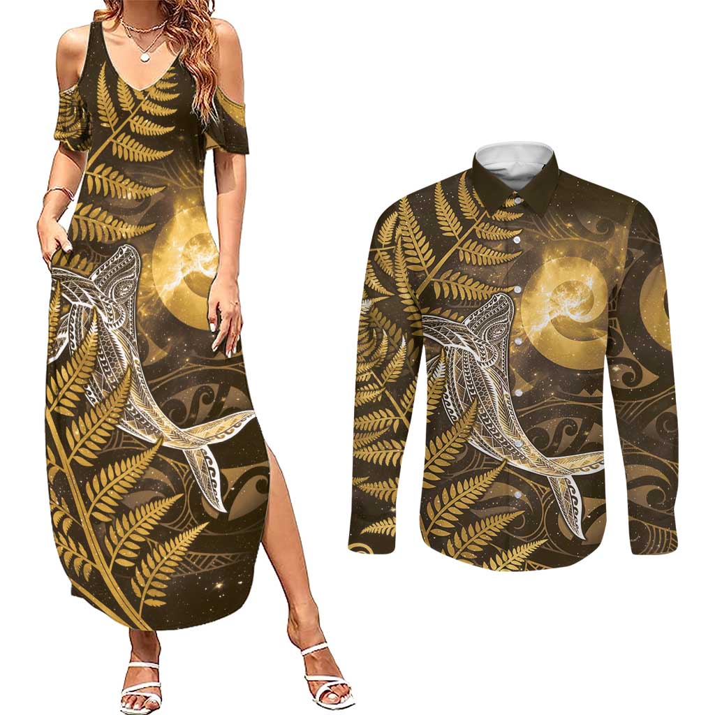 New Zealand Matariki Couples Matching Summer Maxi Dress and Long Sleeve Button Shirt Maori Koru With Humpback Whale Gold
