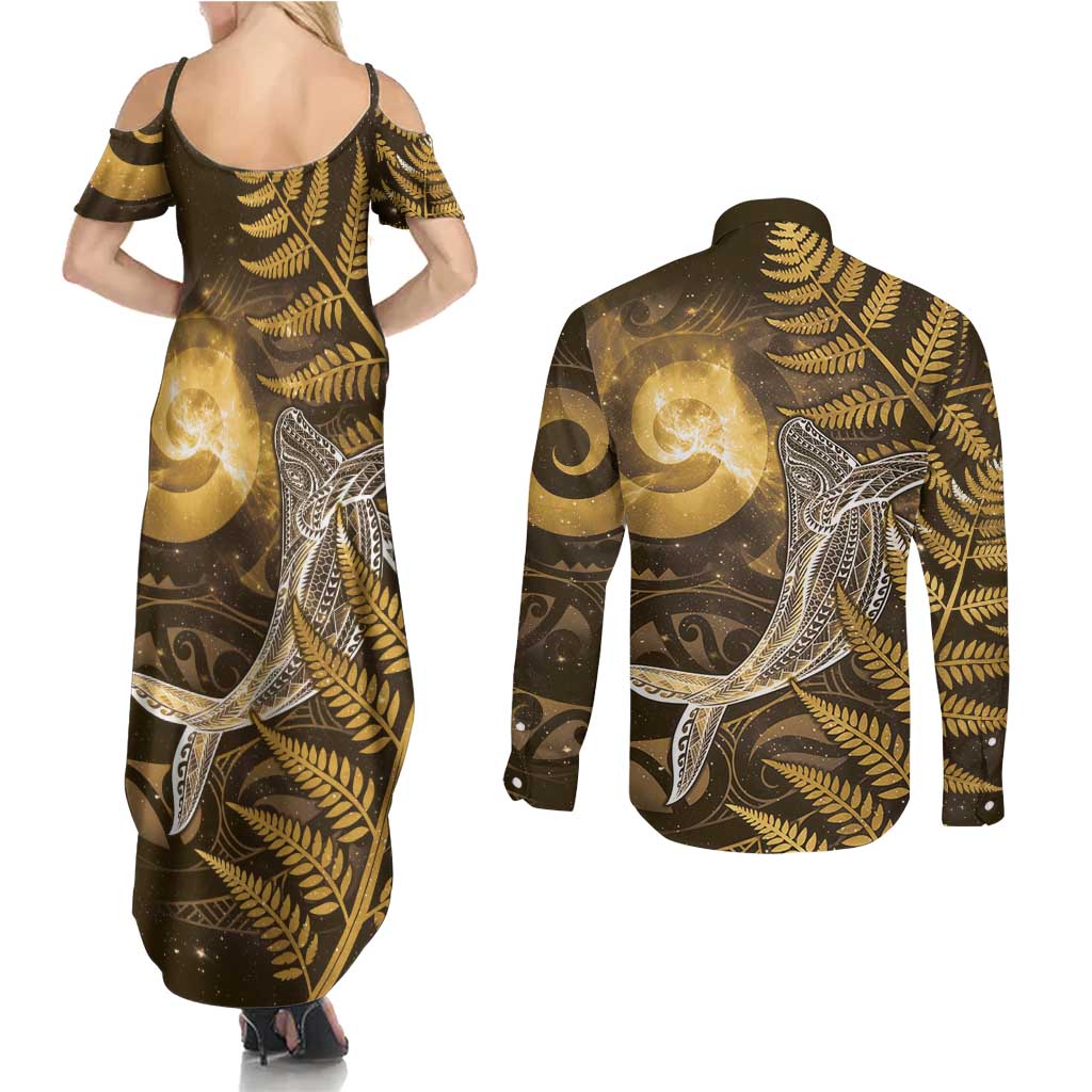 New Zealand Matariki Couples Matching Summer Maxi Dress and Long Sleeve Button Shirt Maori Koru With Humpback Whale Gold