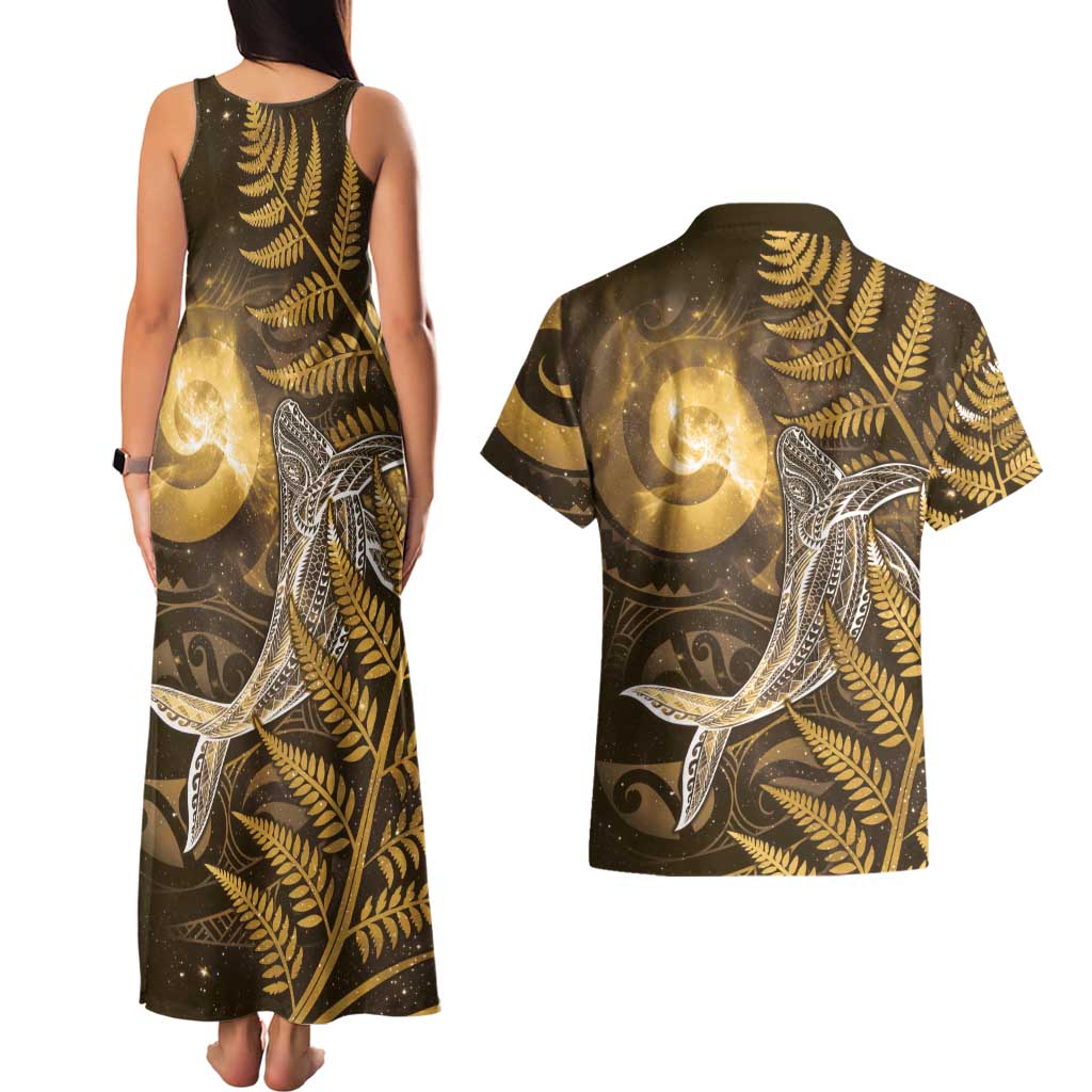 New Zealand Matariki Couples Matching Tank Maxi Dress and Hawaiian Shirt Maori Koru With Humpback Whale Gold