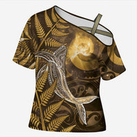 New Zealand Matariki Cross Shoulder Shirt Maori Koru With Humpback Whale Gold