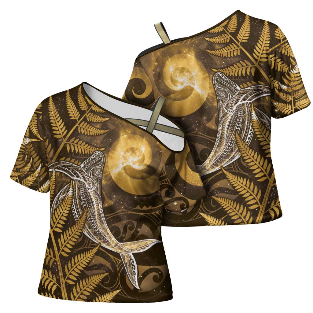 New Zealand Matariki Cross Shoulder Shirt Maori Koru With Humpback Whale Gold