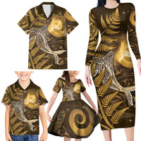 New Zealand Matariki Family Matching Long Sleeve Bodycon Dress and Hawaiian Shirt Maori Koru With Humpback Whale Gold