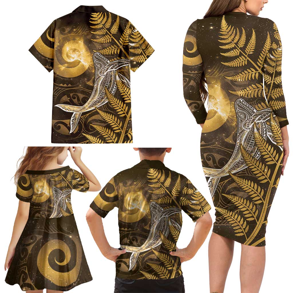 New Zealand Matariki Family Matching Long Sleeve Bodycon Dress and Hawaiian Shirt Maori Koru With Humpback Whale Gold