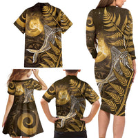 New Zealand Matariki Family Matching Long Sleeve Bodycon Dress and Hawaiian Shirt Maori Koru With Humpback Whale Gold