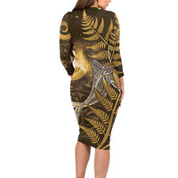 New Zealand Matariki Family Matching Long Sleeve Bodycon Dress and Hawaiian Shirt Maori Koru With Humpback Whale Gold