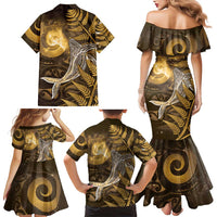 New Zealand Matariki Family Matching Mermaid Dress and Hawaiian Shirt Maori Koru With Humpback Whale Gold