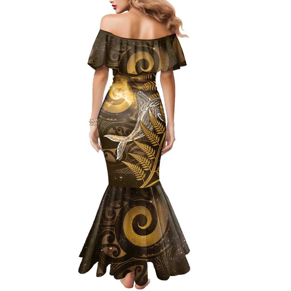 New Zealand Matariki Family Matching Mermaid Dress and Hawaiian Shirt Maori Koru With Humpback Whale Gold