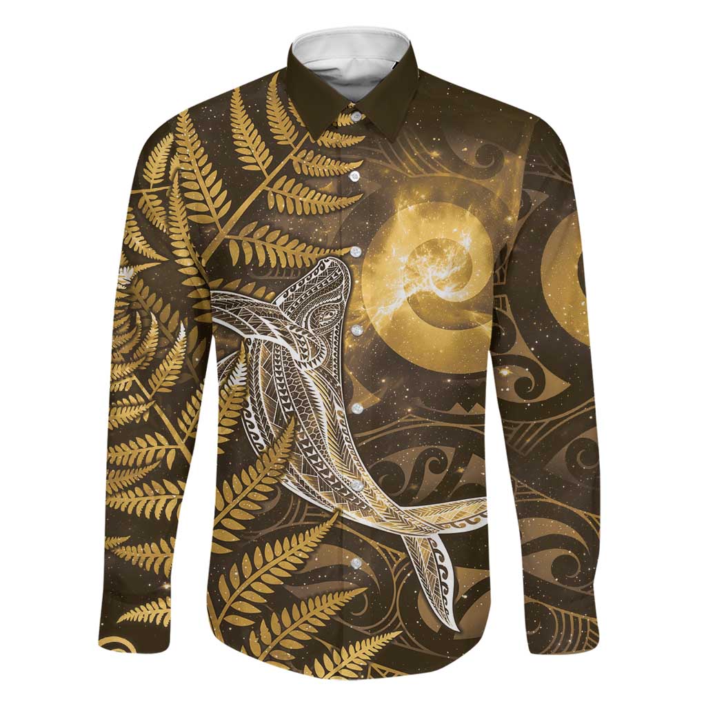 New Zealand Matariki Family Matching Off The Shoulder Long Sleeve Dress and Hawaiian Shirt Maori Koru With Humpback Whale Gold
