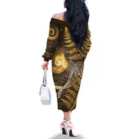New Zealand Matariki Family Matching Off The Shoulder Long Sleeve Dress and Hawaiian Shirt Maori Koru With Humpback Whale Gold