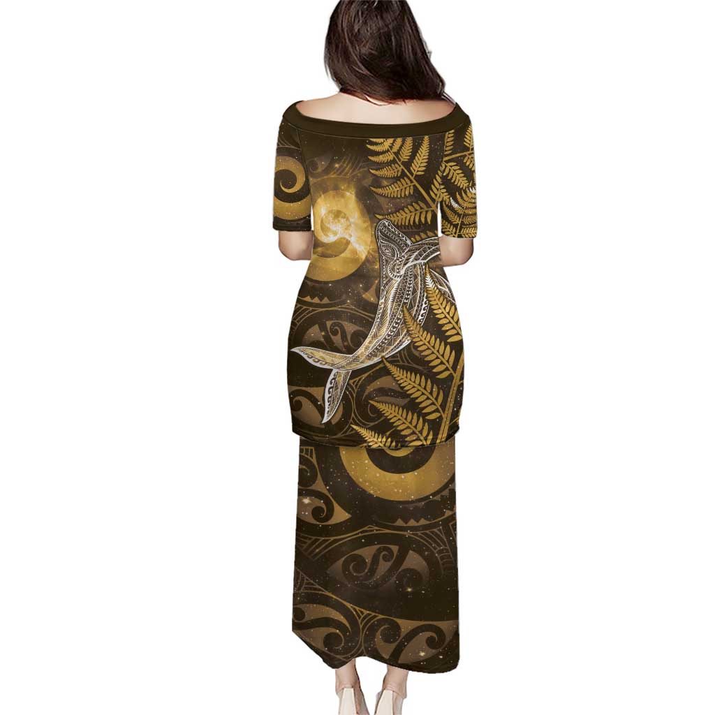 New Zealand Matariki Family Matching Puletasi and Hawaiian Shirt Maori Koru With Humpback Whale Gold