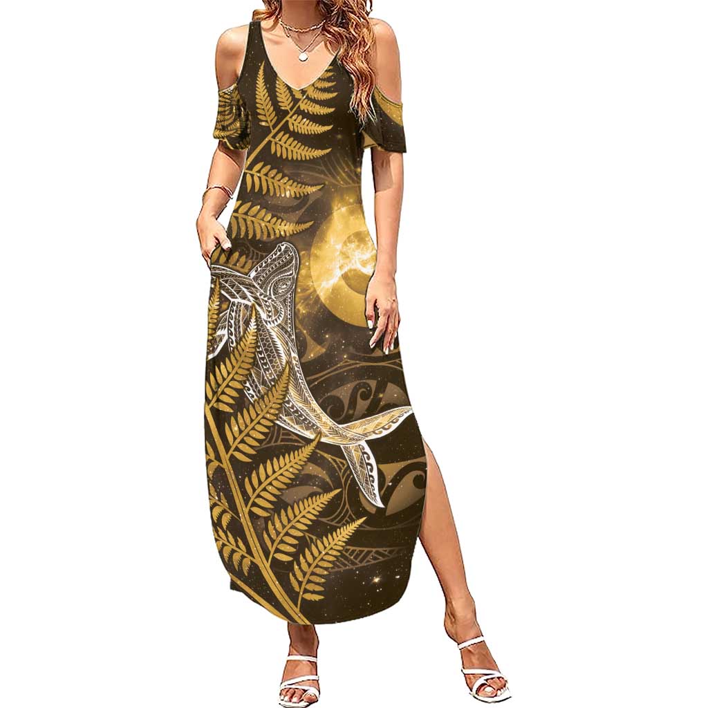 New Zealand Matariki Family Matching Summer Maxi Dress and Hawaiian Shirt Maori Koru With Humpback Whale Gold