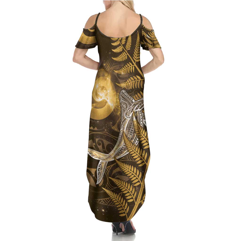 New Zealand Matariki Family Matching Summer Maxi Dress and Hawaiian Shirt Maori Koru With Humpback Whale Gold