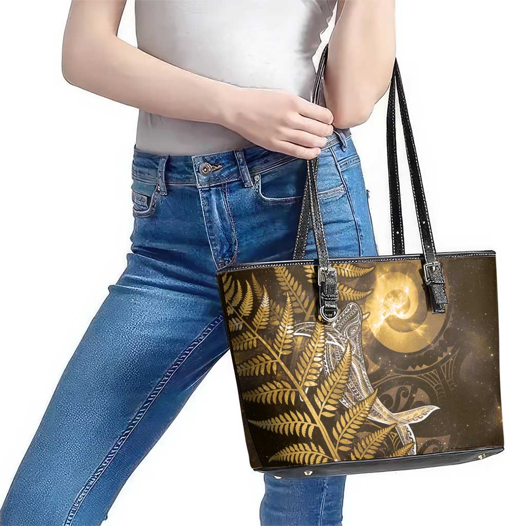 New Zealand Matariki Leather Tote Bag Maori Koru With Humpback Whale Gold LT05 - Polynesian Pride