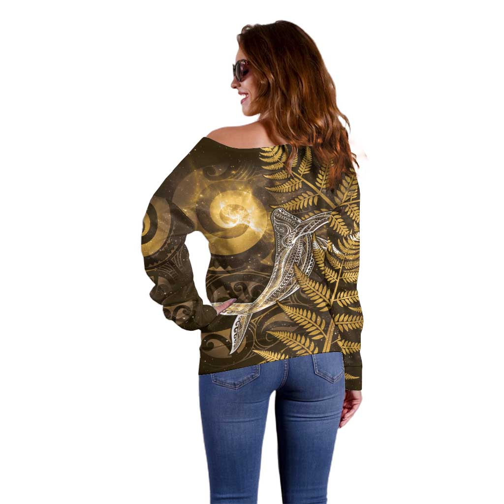 New Zealand Matariki Off Shoulder Sweater Maori Koru With Humpback Whale Gold LT05 - Polynesian Pride