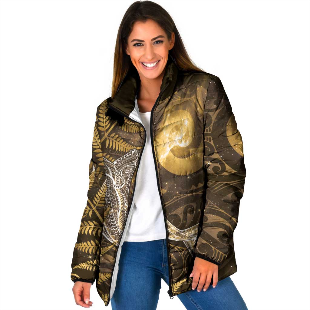 New Zealand Matariki Padded Jacket Maori Koru With Humpback Whale Gold