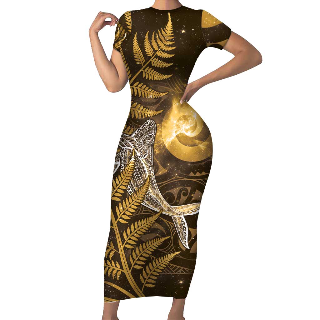 New Zealand Matariki Short Sleeve Bodycon Dress Maori Koru With Humpback Whale Gold