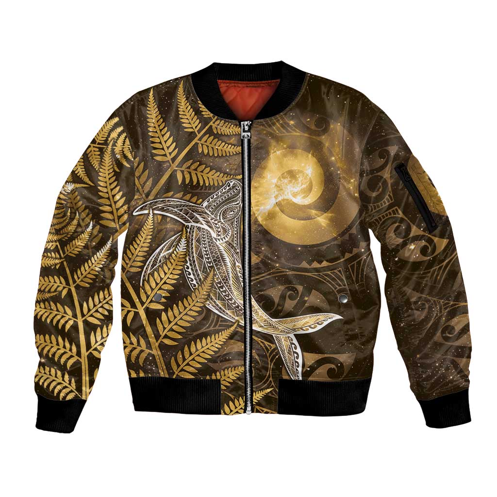 New Zealand Matariki Sleeve Zip Bomber Jacket Maori Koru With Humpback Whale Gold