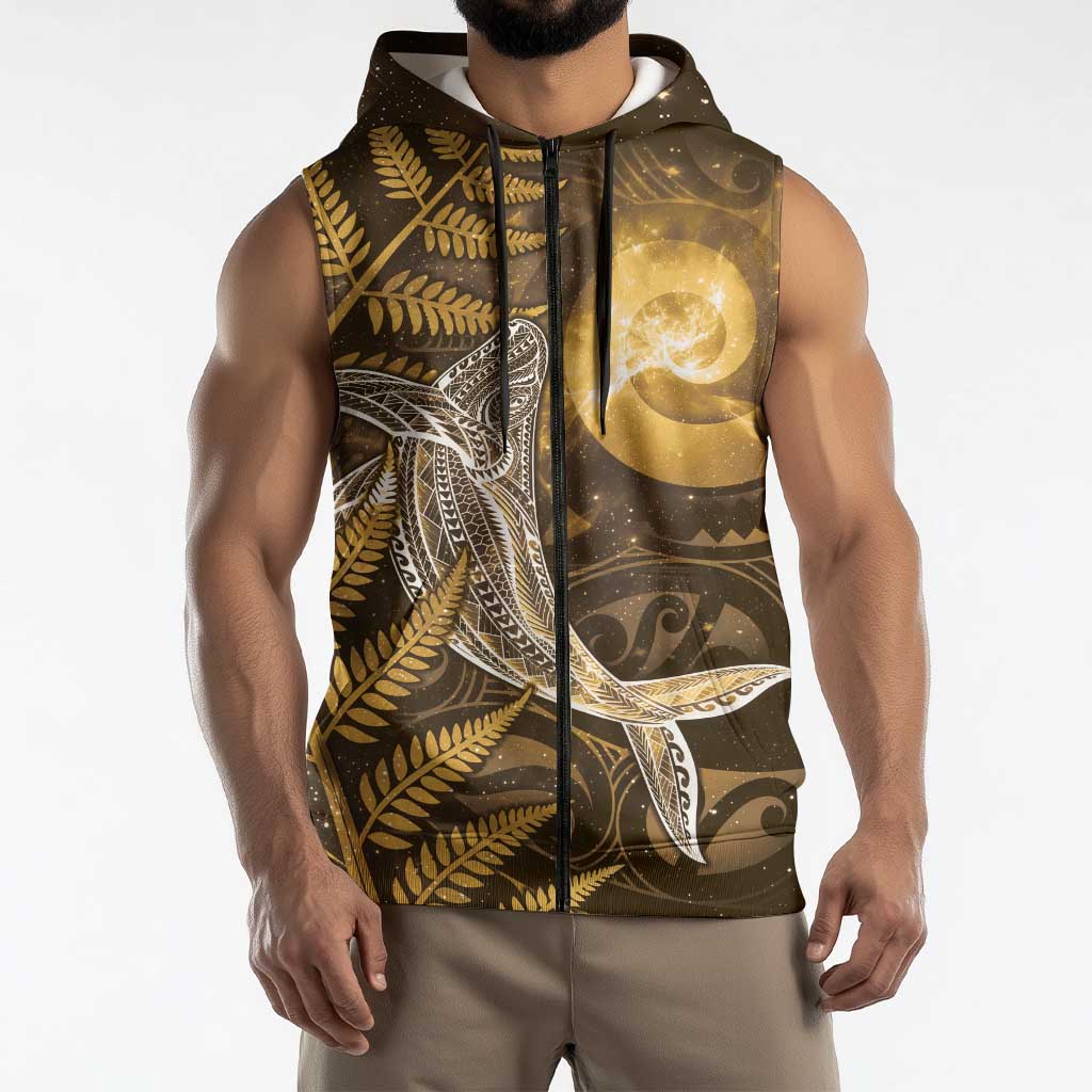 New Zealand Matariki Sleeveless Zip Hoodie Maori Koru With Humpback Whale Gold LT05 - Polynesian Pride