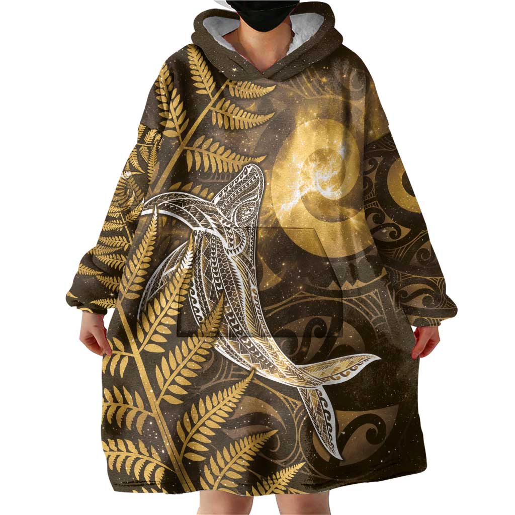 New Zealand Matariki Wearable Blanket Hoodie Maori Koru With Humpback Whale Gold LT05 - Polynesian Pride