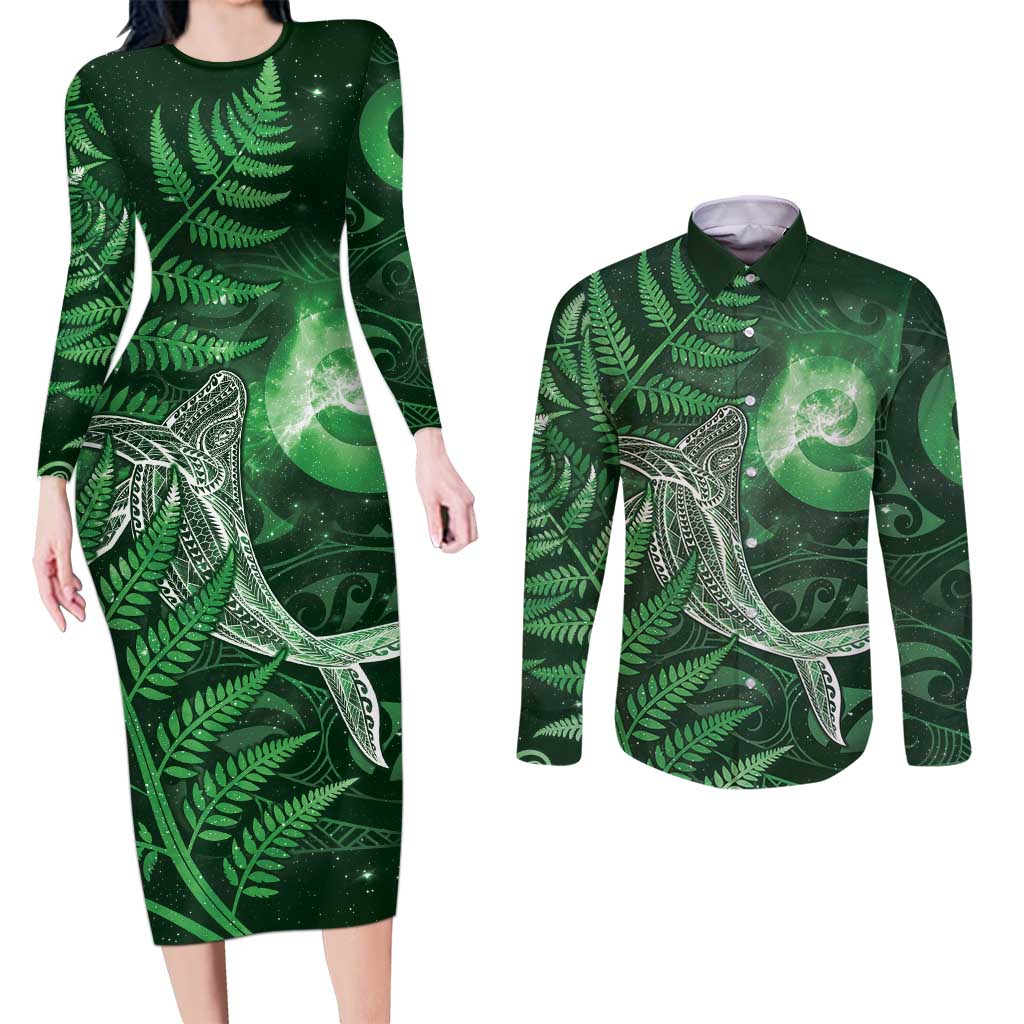 New Zealand Matariki Couples Matching Long Sleeve Bodycon Dress and Long Sleeve Button Shirt Maori Koru With Humpback Whale Green