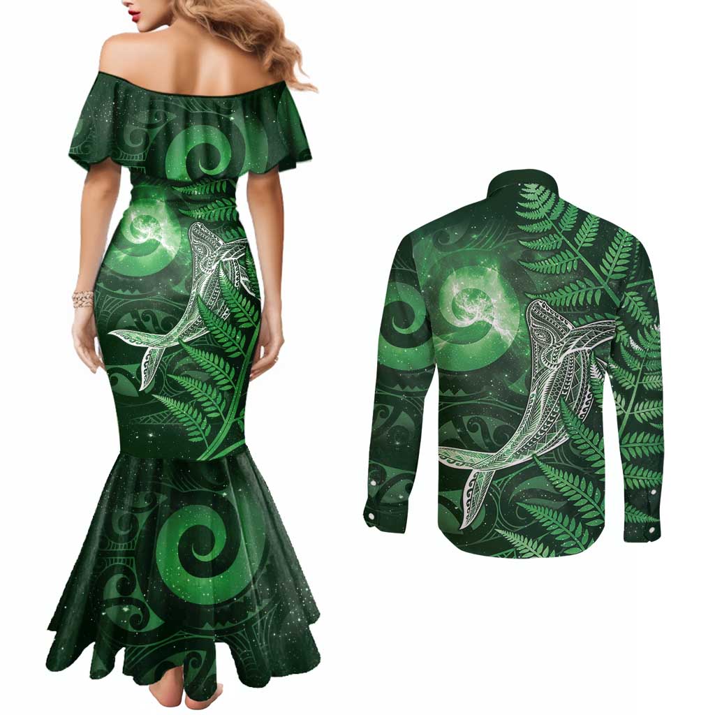 New Zealand Matariki Couples Matching Mermaid Dress and Long Sleeve Button Shirt Maori Koru With Humpback Whale Green
