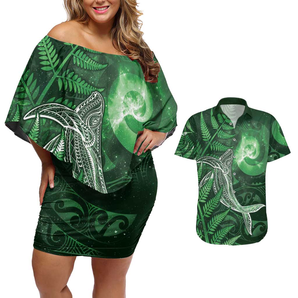 New Zealand Matariki Couples Matching Off Shoulder Short Dress and Hawaiian Shirt Maori Koru With Humpback Whale Green LT05 Green - Polynesian Pride