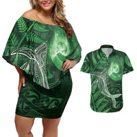 New Zealand Matariki Couples Matching Off Shoulder Short Dress and Hawaiian Shirt Maori Koru With Humpback Whale Green LT05 Green - Polynesian Pride