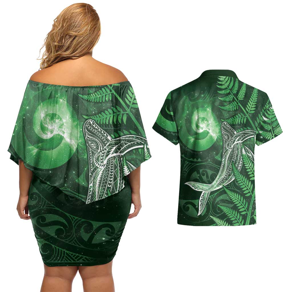 New Zealand Matariki Couples Matching Off Shoulder Short Dress and Hawaiian Shirt Maori Koru With Humpback Whale Green LT05 - Polynesian Pride