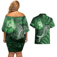 New Zealand Matariki Couples Matching Off Shoulder Short Dress and Hawaiian Shirt Maori Koru With Humpback Whale Green LT05 - Polynesian Pride