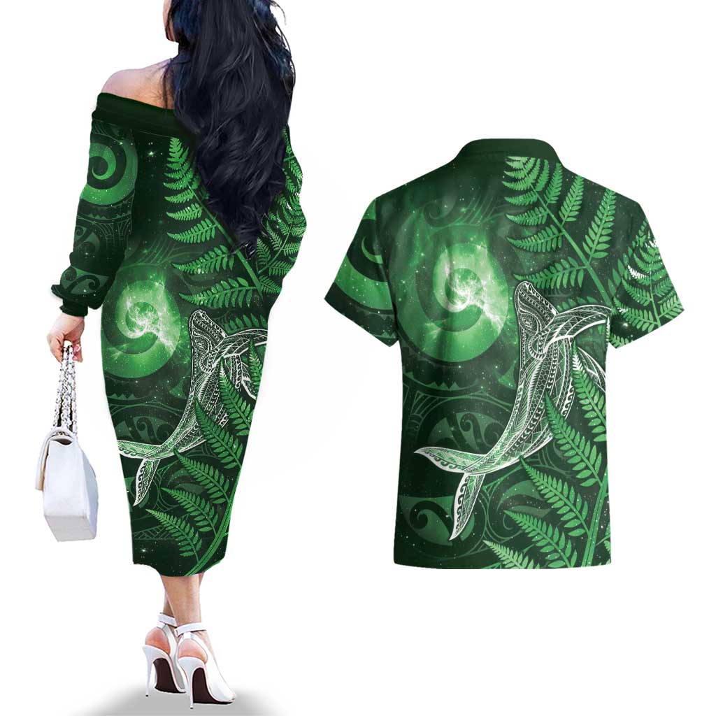 New Zealand Matariki Couples Matching Off The Shoulder Long Sleeve Dress and Hawaiian Shirt Maori Koru With Humpback Whale Green